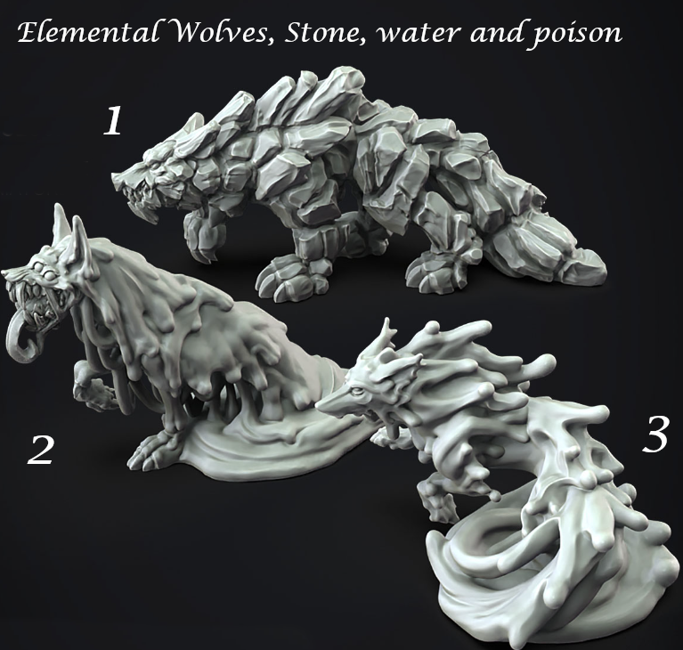 3d Printed Miniature - Elemental wolves 3 figures